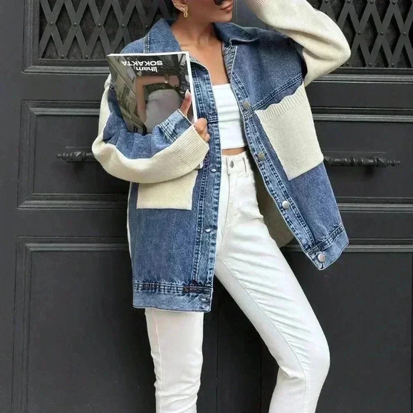 Sweaters - Apricot Casual Women's Denim Jacket With Knitwear Detail Outwear